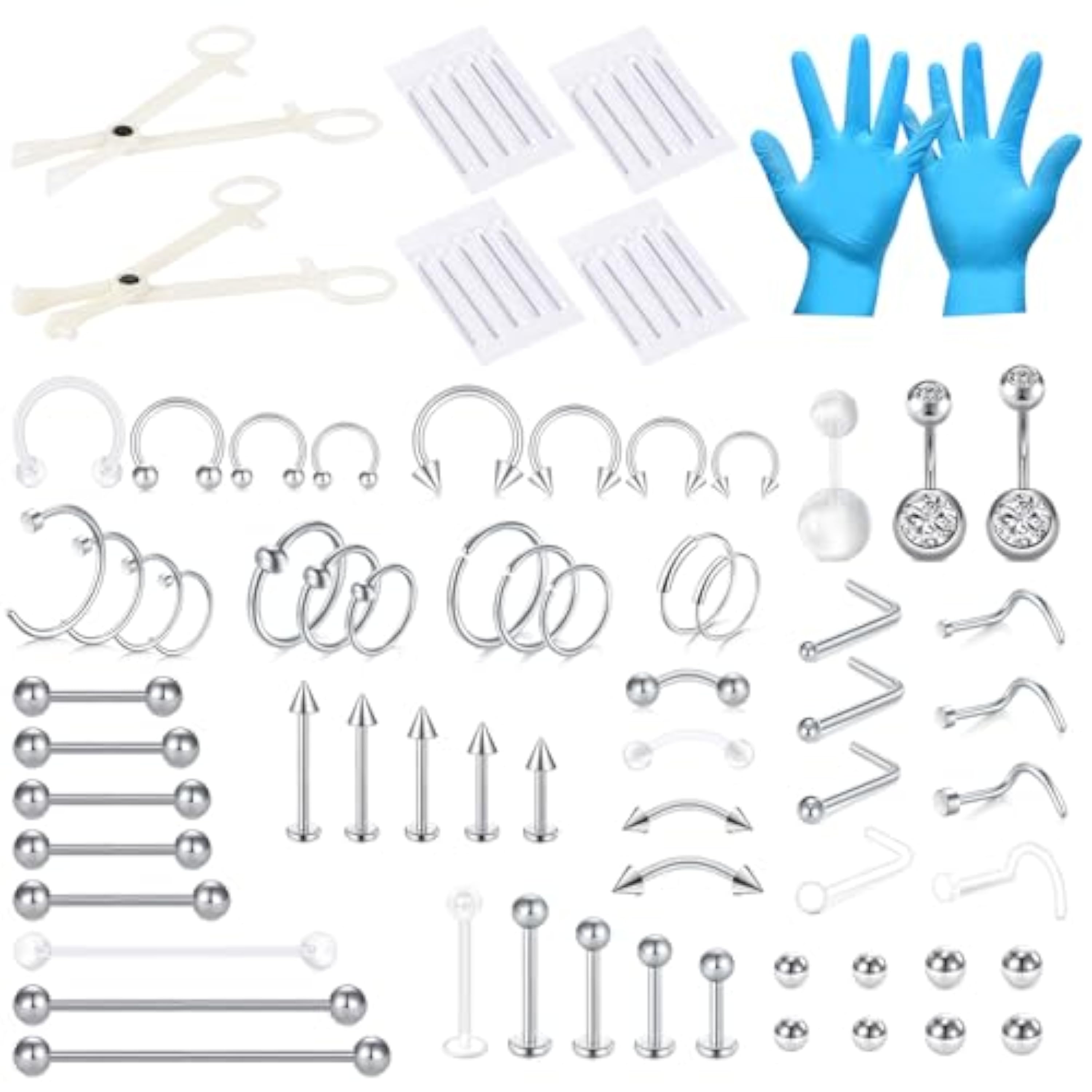 AceFun 85 piezas de tamaño mixto Piercing Kit de joyería de acero inoxidable Labio Nariz Lengua Trago Cartílago Daith Eeybrow Belly Button Anillos Piercing Cuerpo Herramientas 14G 16G 18G 20G