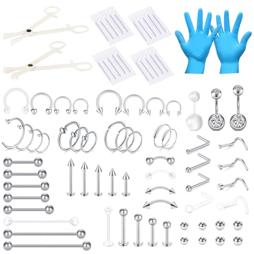 AceFun 85 pièces taille mixte Piercing Kit Bijoux Acier inoxydable Lèvre Nez Langue Tragus...