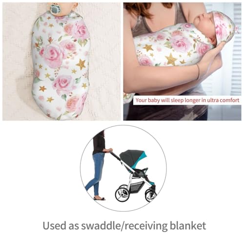 Image of Pink Floral and Gold Stars Swaddle Blanket with Beanie Hat Set Newborn Swaddle Wrap Soft Baby Receiving Blankets Baby Swaddle Blanket for Baby Boys and Girls