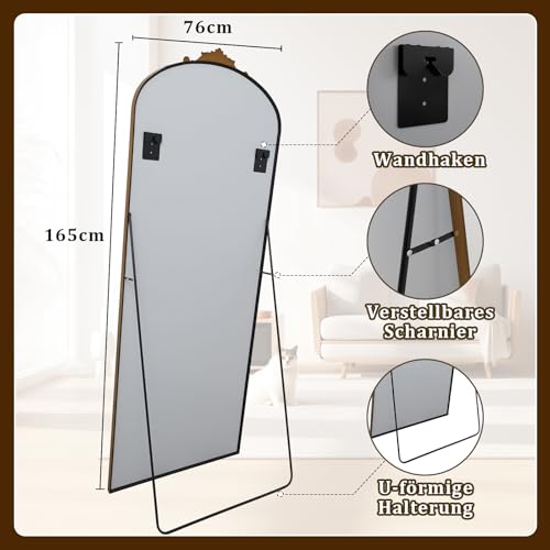 Koonmi Espejo de pie vintage curvado de cuerpo entero, 76 x 165 cm, resistente a la rotura, espejo de pie de longitud completa con hermoso proceso de grabado retro para dormitorio, pasillo, antiguo - imagen 7