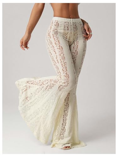 Milumia Women's Floral Lace Sheer Flare Pants Elastic Low Waist Skinny Flowy Party Bell Bottoms Trousers2