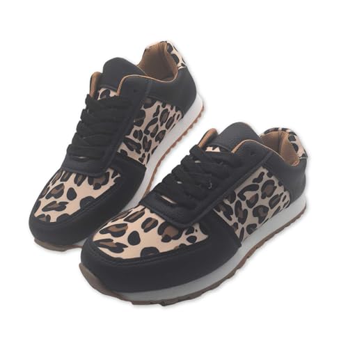 Women's Leopard Print Fashion Sneakers, Black and Tan Athletic Shoes with Lace-up Design
