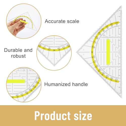 Amabro 6 peças régua triangular com alça, transferidor de plástico transparente, geometria, matemáti