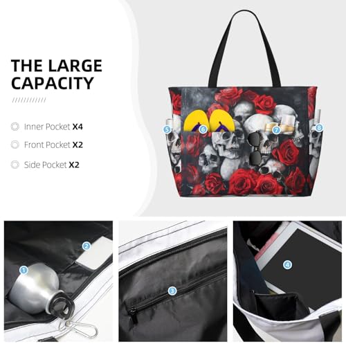 Skull And Red Rose Extra Large Tote Bag For Women,Foldable Beach Bag With Pocket Weekender Travel Overnight Bag3