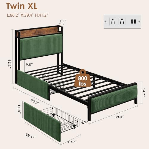 Image of GAOMON Twin XL Bed Frame with 2 Drawers and Charging Station, Green