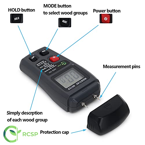 Image of RCSP Wood Moisture Meter Digital Large LCD Display with 2 pin Test Probe Humidity Damp Meter for Firewood Paper Humidity Measuring Grey
