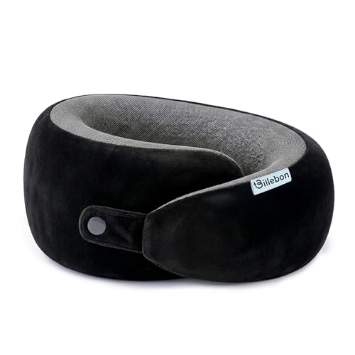 Billebon Memory Foam Neck Pillow with Cooling Gel, Snake Shape Travel Pillow with Snap Button, Neck Rest for Travelling & Flight Travel, Ergonomic Support for Comfort & Pain Relief (Black)