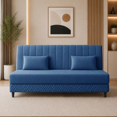 Image of Rosebell Modern 3 Seater Velvet Sofa Cum Bed with Cushion | Premium Upholstered Fabric | Tufted Backrest | Wooden Legs | Living Room Furniture | Blue