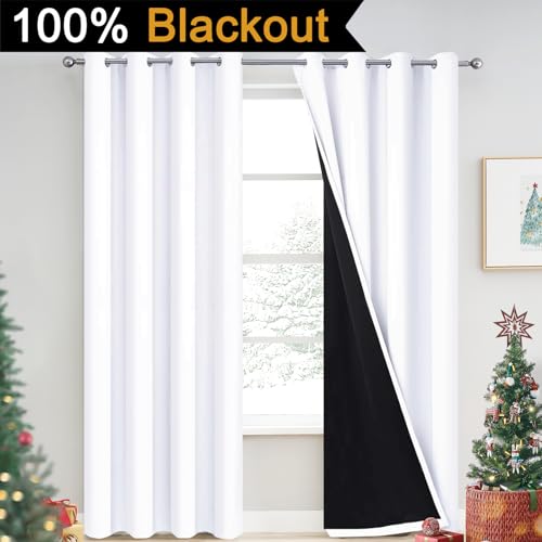 Image of Yakamok Pure White 100% Blackout Curtains 90 Inches Long 52 inch Wide 2 Panel | Blackout Curtain Panels for Bedroom, 2 Thick Layers Grommet Top Thermal Insulated Drapes with Black Liner for Living Room
