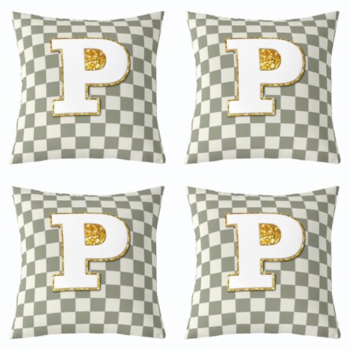 Image of Erosebridal Sage Green Checkered Throw Pillow Covers 18x18 Set of 2 Plaid Initial P Cushion Cover Personalized Monogram Throw Pillow Case for Bed Couch Sofa Fashion Grids Gingham Home Decor