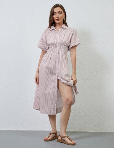 Image of MSBESYOR Women Button Front Pleated Shirt Maxi Dress Summer Striped Prints Short Sleeve Collar Casual Long Dresses