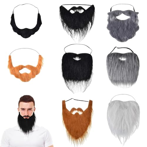 8Pcs Fake Beard Moustache Fancy Dress Realistic False Beards and Moustaches with Adjustable Elastic Rope Party Costume Decoration Props Suitable for Halloween Parties Black
