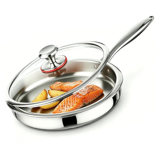 Image of Tri-Ply Stainless Steel Frying Pan with Lid, Durable and Sturdy, Stainless Steel Pan, Fast & Even Heat, Induction, Electric, Gas, Flawless Glide, Everyday Use, Oven Up to 315℃ (20cm Frying Pan)