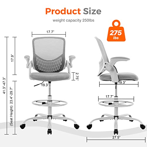 Drafting Chair, Standing Desk Chair, Tall Office Chair, Counter Height Office Chairs, Ergonomic Computer Task Chair, Adjustable Mesh Office Chair With Flip-Up Armrests And Foot-Ring, Grey #TOP2
