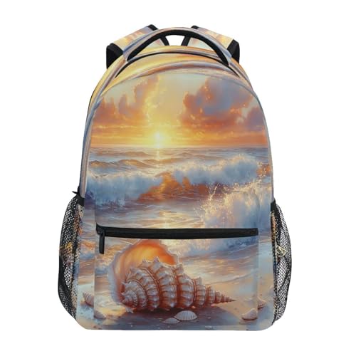 Watercolor Sunset Waves Beach and Seashells Backpack Lightweight School Bags Boys Girls Bookbag Kids Travel Rucksack