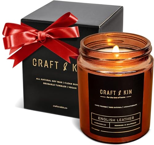 Craft & Kin Christmas Scented Candle for Men | Premium English Leather Holiday Candle | All-Natural Scent for Home | Long Lasting Winter Candles, 45-Hour Burn Time, 8oz