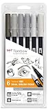 Tombow ABT-6P-6, Feutre pinceau ABT Dual Brush Pen, double pointes, à base d'eau, Set de 6 couleurs'Gris'