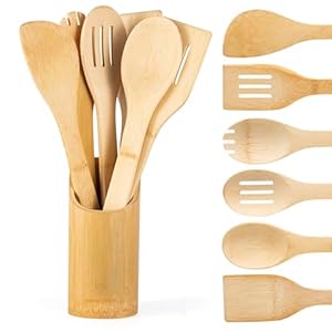 Bamboo Wooden Spoons for Cooking 7 Piece – Bamboo Cooking Utensils Set with Holder Wooden Spoons Spatula for Cooking Nonstick Wood Kitchen Utensil Set (7 Pcs)
