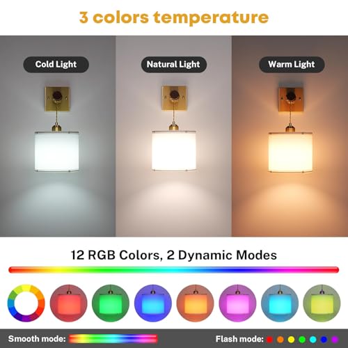 Image of Rechargeable Battery Operated Wall Sconce Set of Two, 8000mAh Wireless Wall Sconces with RGB 15 Colors & Remote Control, Dimmable Wall Lamps for Living Room Bedroom, Gold