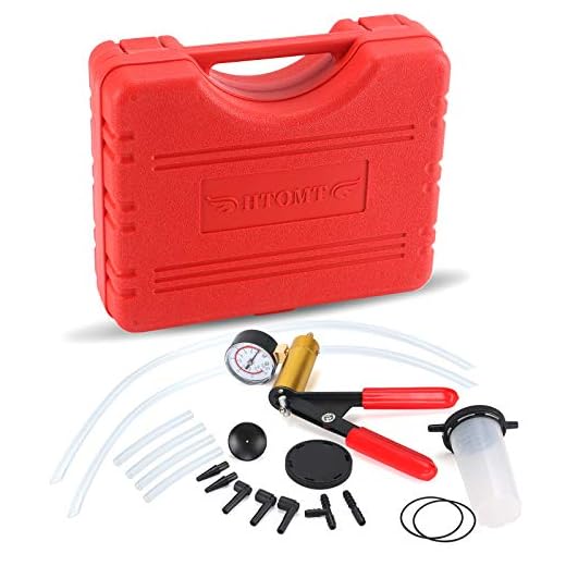 HTOMT 2 in 1 Brake Bleeder Kit Hand held Vacuum Pump Test Set for Automotive with Sponge Protected Case,Adapters,One-Man Brake and Clutch Bleeding System (Red)