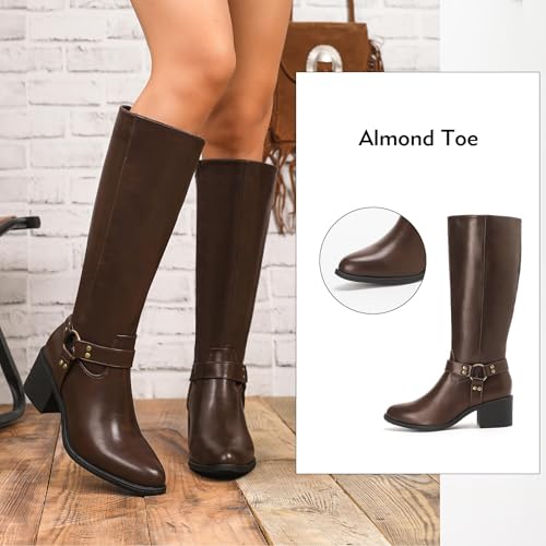 Putu Women's Riding Boots Block Heel Knee High Boots Almond Toe Fall Boots with Buckle4