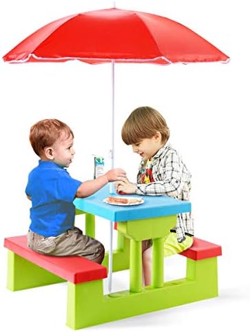 HONEY JOY Kids Picnic Table, Toddler Plastic Outdoor Table & Bench Set with Umbrella, Children Patio Furniture Set for Backyard Garden, Kids Picnic Tables for Outdoors, Gift for Boys Girls Age 3+