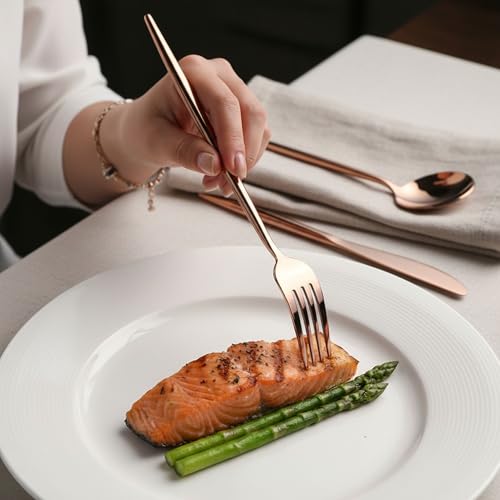 Image of Slim Handle Rose Gold 25 Pcs Stainless Steel Cutlery Set for Dining Table, Dishwasher Safe Glossy Flatware (5 Spoon Set+5 Forks Set+5 Butter Knife+5 Dessert Spoon+5 Fruit Fork)