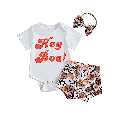 Image of Lamuusaa Newborn Baby Girl Halloween Outfit Hey Boo/Boo Thang Short Sleeve Romper Skull/Ghost Shorts Headband Set 0-18M