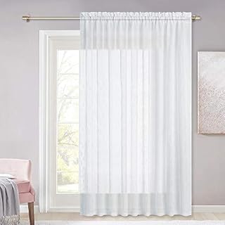 NICETOWN White Linen Sheer Curtains Extra Wide 100" for Sliding Door, Semitransparent Privacy