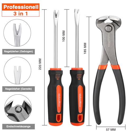 ValueMax 3-teiliges Endschneidezange und Nagelabzieher Nagelentferner-Werkzeug-Set inkl. 185mm Schneidzange Cr-V Stahl Gerade&Biegbare V-Spitze Nagelabzieher Klammerentferner für Möbeln Boden Auto