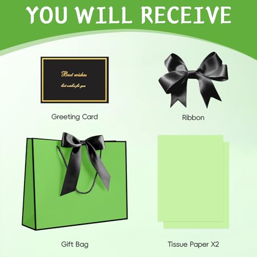 Image of JMANNI Gift Bags with Handles, 13 inch Medium Gift Bag for Presents, 1 Pcs Bags with 2 Tissue Paper and 1 Cards for Graduation Baby Shower Wedding Fathers Day Mother's Day Birthday Party (Green-Black)