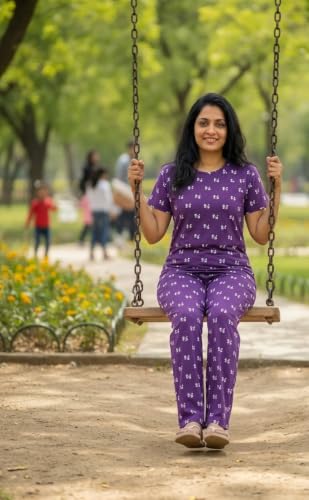 Image of Women's Night Dress | Printed Cotton Night Suit | Pyjama Set with Top and Bottom | Sleepwear | Ladies Night Dress | Casual Nightwear with Pocket | T-Shirt and Pant | Co-ord Set