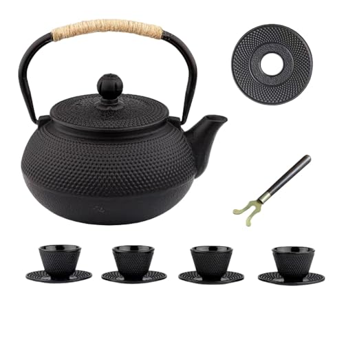 AOUGN鉄瓶、南部鉄器、鋳鉄製で、誕生日プレゼント、結婚式、新築祝い、ビジネス、家庭用に最適です。(ポットフォーク+ポットマット+粒状カップ4個+粒状コースター4個付き) (【光沢防錆】800ml)