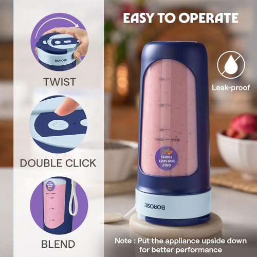 Image of Borosil NutriSip Blue Portable Blender | 40W Low-Noise DC Motor | 340ml Unbreakable PC Jar | USB Rechargeable | Turbo 6 Blade Action | Smoothies, Shakes, Soft Fruit, Protein Mix | 1 Year Warranty