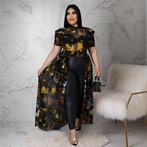 Atyfuniby Women's Plus Size High Low Tops Blouse Puff Short Sleeve Mesh See Through Maxi Tunic Shirt Dresses2