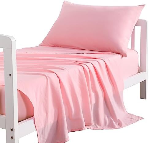 NTBAY 3-Piece Microfiber Toddler Sheet Set, Solid Crib Fitted Sheet Flat Sheet and Envelope Pillowcase, Baby Bedding Sheet & Pillowcase Sets, Pink