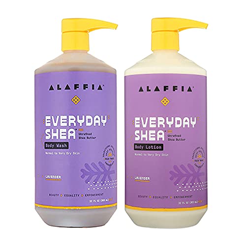 Alaffia - EveryDay Shea Body Wash & Lotion Set, Naturally Helps Moisturize and Cleanse without Stripping Natural Oils with Shea Butter, Neem, and Coconut Oil, Fair Trade, Lavender, 32 Ounces Each