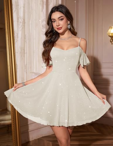 Image of Meetjen Women's Short Cocktail Dresses for Teens Formal Homecoming Sparkly Off Shoulder Tulle Sequin Prom Party Dress
