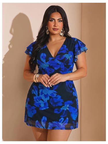 Image of BEAUDRM Women's Plus Size Cocktail Floral Short Dress Deep V Ruffle Short Sleeve Bodycon Mesh Wedding Guest Party Dresses