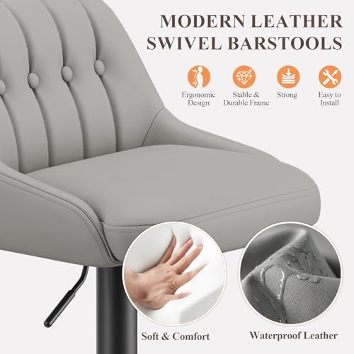 Image of MALOL Bar Stools Set of 4, Swivel Bar Chairs, Modern Adjustable PU Leather Upholstered Barstools Counter Height with Tufted Back for Bar, Kitchen Counter Island, Dining Room, Grey