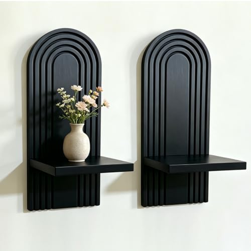 Boho Rattan Wall Floating Shelves Set of 2, Mid Century Modern Natural Wood Wall Mounted Shelves, Decorative Wall Shelf for Living Room, Bedroom, Bathroom, Office, Plant Display & Home Decor (Black)