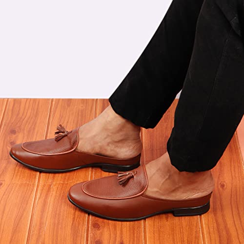 Image of FAUSTO Men's Back Open Tassle Leather Slip On Shoes for Outdoor|Evening|Festive|Occasions|Comfort|Lightweight with TPR Sole (6-13 UK)