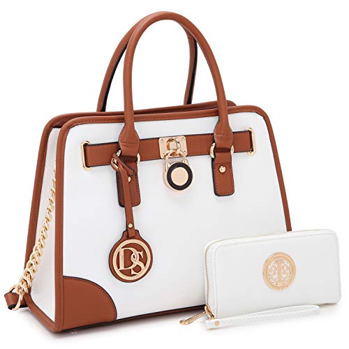 Satchel Handbags for Women Handbags and Purses Wallets Top Handle Tote Work Shoulder Bags with Matching Wallet (White)