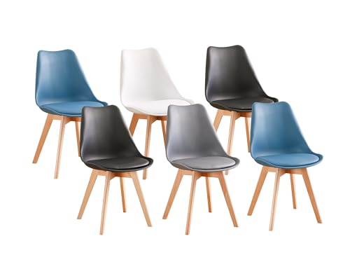 PEZ ROJO Lot de 6 Chaises Scandinaves, Chaises Salle à Manger, Mix Couleurs - Blanc, Gris, Bleu Canard x2, Noir x2, Pieds Bois de Hêtre Massif