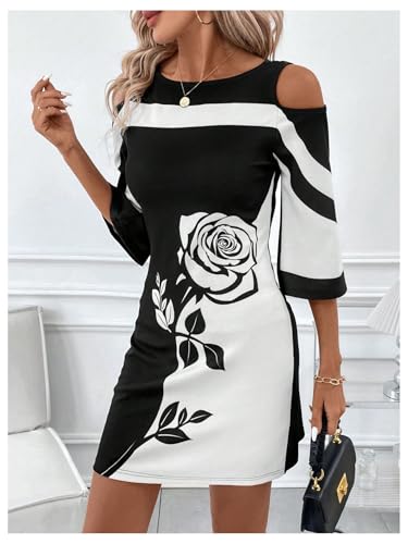 Verdusa Women's Floral Print Cold Shoulder Dress Color Block Half Sleeve Short Dress4