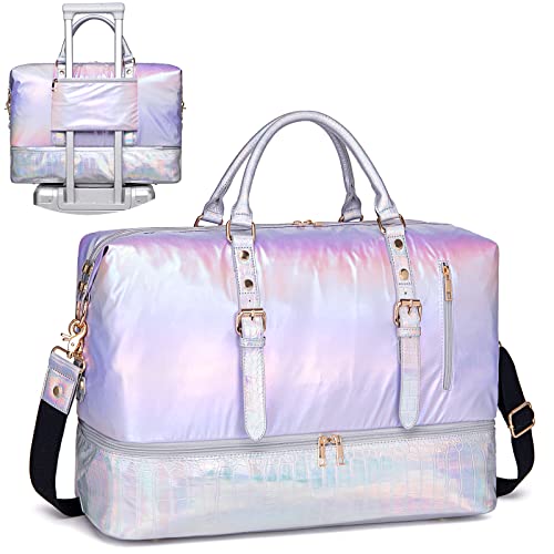 Image of CAMTOP Travel Duffle Bag Women Men Waterproof Shoulder Weekender Overnight Carryon Bag Sports Tote Gym Bag with Shoe Pocket and Trolley Sleeve, Purple