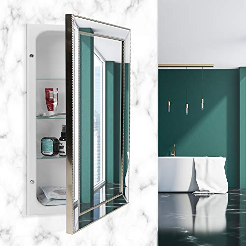 Head West 6297 Metro Beaded Medicine Cabinet, Recess Mount | 3 Adjustable Glass Shelves, Stainless Steel Frame, Installation Freedom With Door Swinging Left Or Right, 16" X 26", White And Silver #TOP1