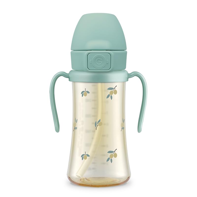 GROSMIMI Baby Straw Cup, Spill-Proof PPSU Sippy Cup with Flip-Top, Rotating Handles for Babies & Toddlers 12+ Months, Bite-Resistant Silicone Straw, BPA-Free, Stage 2, 10oz (Olive)