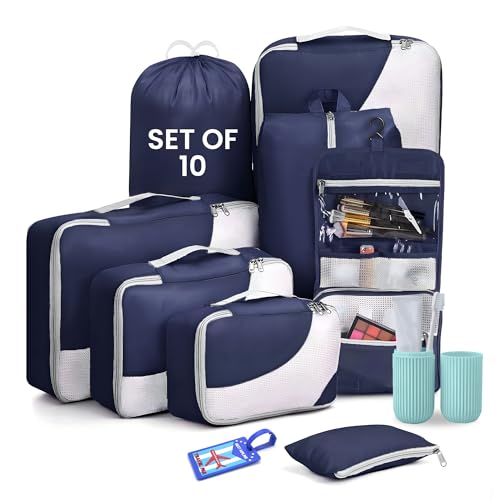 Image of OCEANEVO Set of 10 Pcs Packing Cubes for Travel | Includes Luggage Tag and Toothbrush Holder | Suitcase Organizer for Travelling for Clothes, Shoes and Lingerie | Model 3.0 - Navy Blue-1Year Warranty