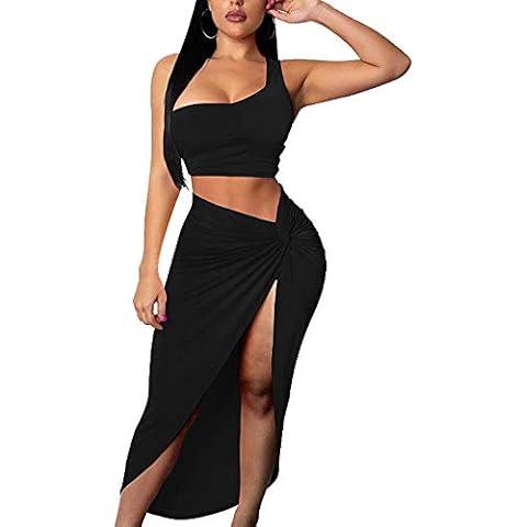 BEAGIMEG Women's Sexy One Shoulder Long Bodycon Slit Skirt 2 Pieces Dress Black Cover